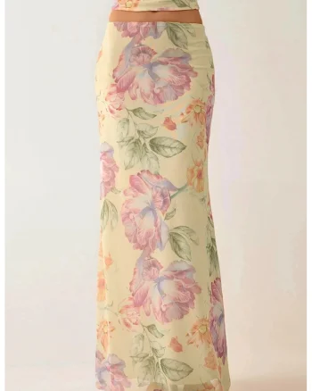 Fusta maxi,  florala, talie joasa, multicolor, poliester-elastan,
