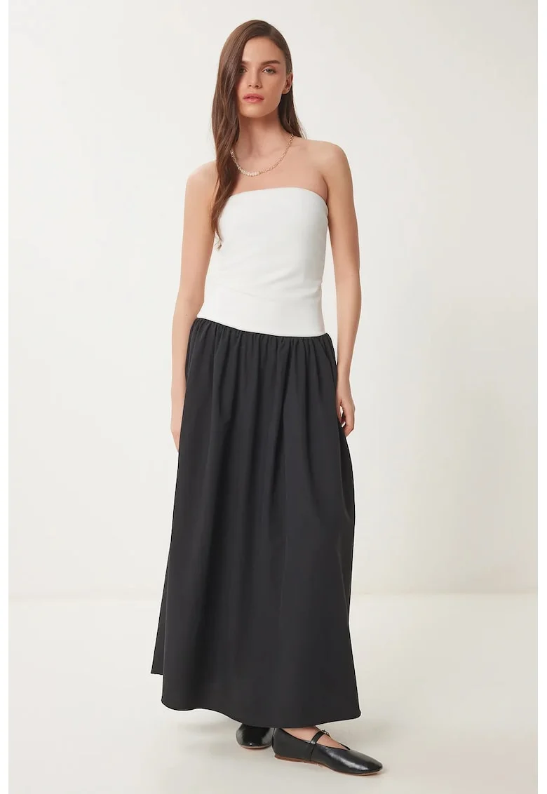 Rochie Maxi Fara Bretele Happiness Istanbul Color Blocked, Alb, Bumbac, Elegant