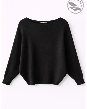 Pulover dama,  supradimensionat, cu guler barca, negru, tricotat, 94% poliester, 6% lana,