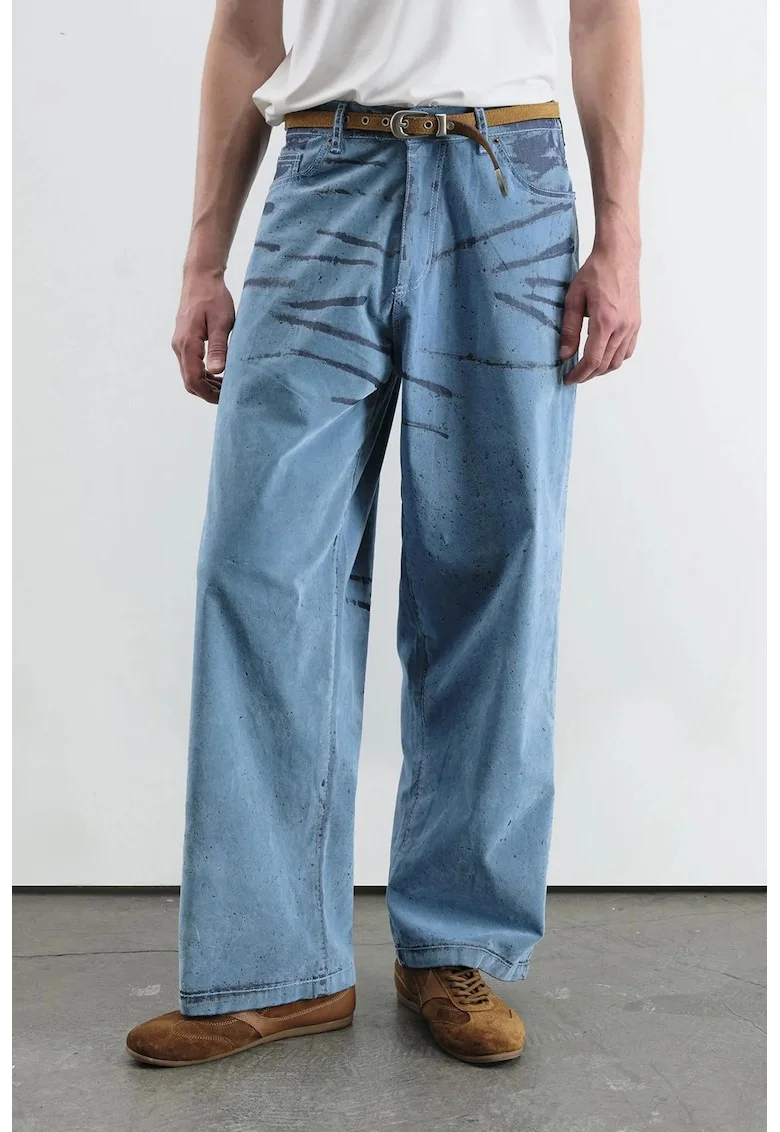 Blugi barbati,  Abstract Wide Leg, albastru, denim/bumbac