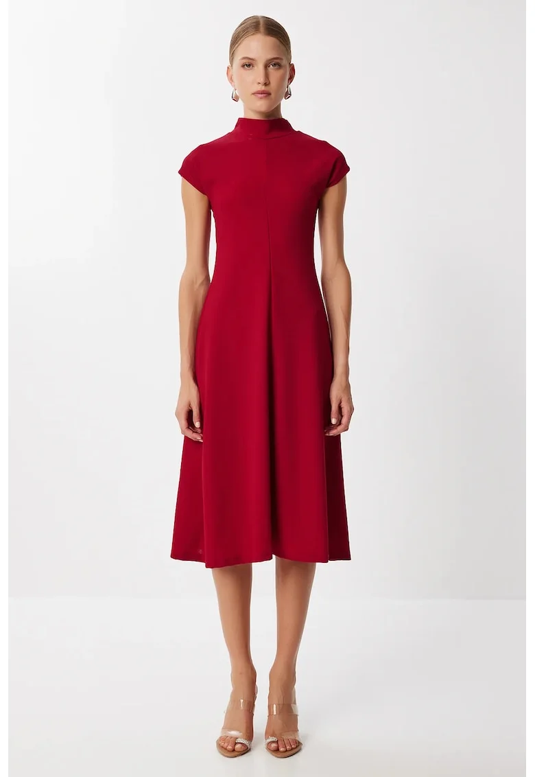 Rochie midi, Happiness Istanbul, tip A, rosu burgund, tricotata, poliester cu elastan