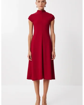 Rochie midi, Happiness Istanbul, tip A, rosu burgund, tricotata, poliester cu elastan