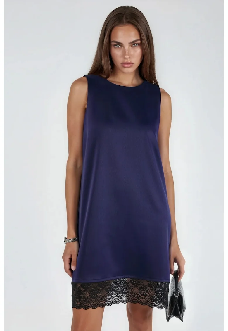 Rochie mini,  satin cu detalii din dantela, albastru marin, eleganta, 100% poliester