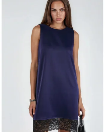 Rochie mini,  satin cu detalii din dantela, albastru marin, eleganta, 100% poliester