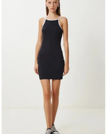 Rochie mini, Happiness Istanbul, mulata, cu dungi, neagra, bumbac-elastan