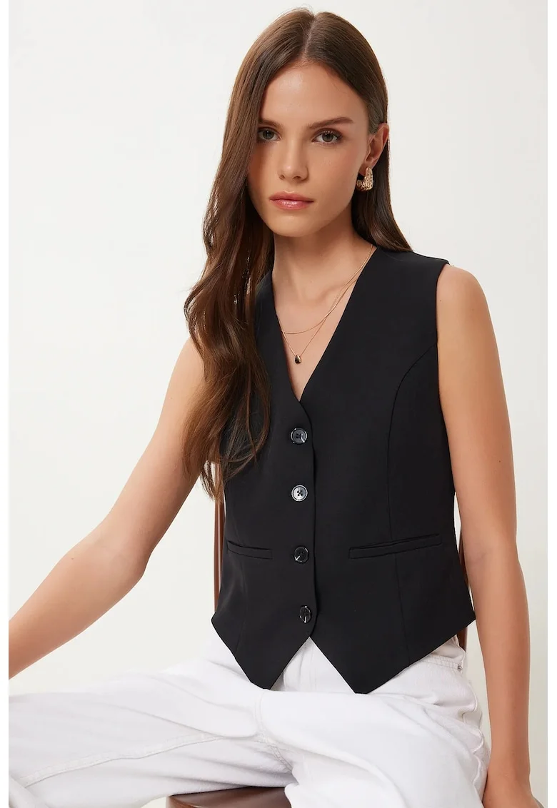 Vesta scurta, Happiness Istanbul, casual, negru, bumbac 70%