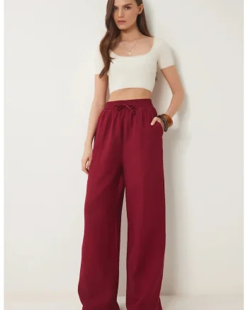 Pantaloni dama, Happiness Istanbul, snur talie, visiniu, bumbac