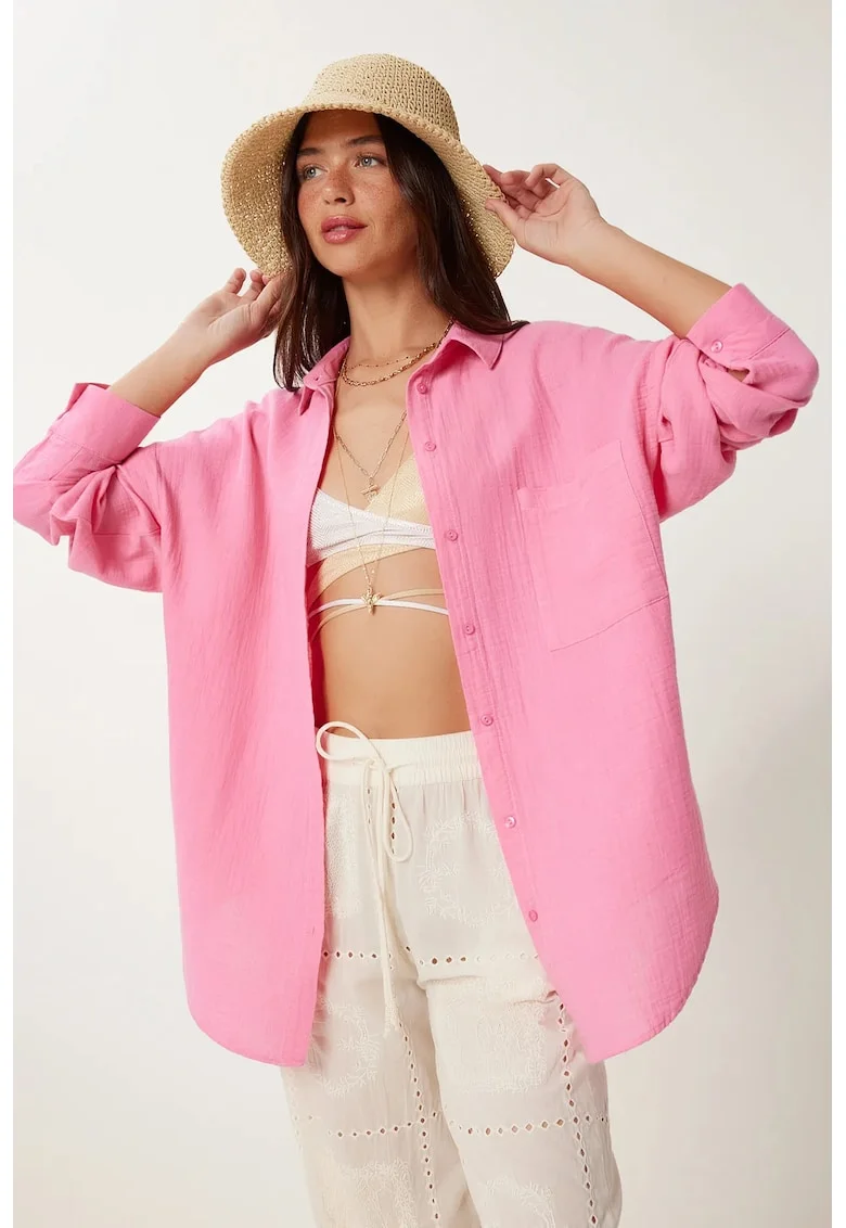 Camasa dama, Happiness Istanbul, camasa oversized, bumbac 100%, roz pudra, maneca lunga, buzunar