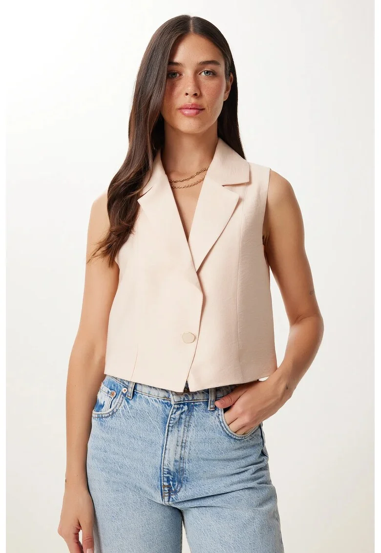 Vesta dama, Happiness Istanbul, scurta, casual, crem natural, 100% in, fara maneci