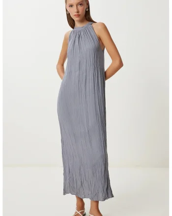 Rochie Midi, Happiness Istanbul, Gri, Texturata, Guler Halter, Bumbac-Elastan,