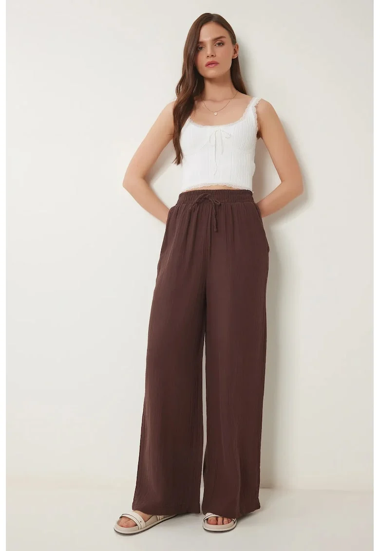 Pantaloni dama, Happiness Istanbul, picior larg, maro, bumbac