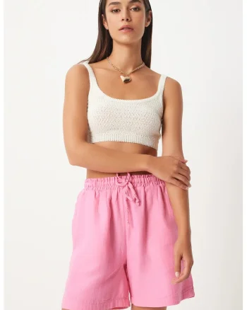 Pantaloni scurti, Happiness Istanbul, bumbac, talie inalta, picior larg, roz garofa,