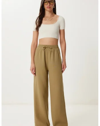 Pantaloni dama, Happiness Istanbul, talie cu snur, verde, bumbac