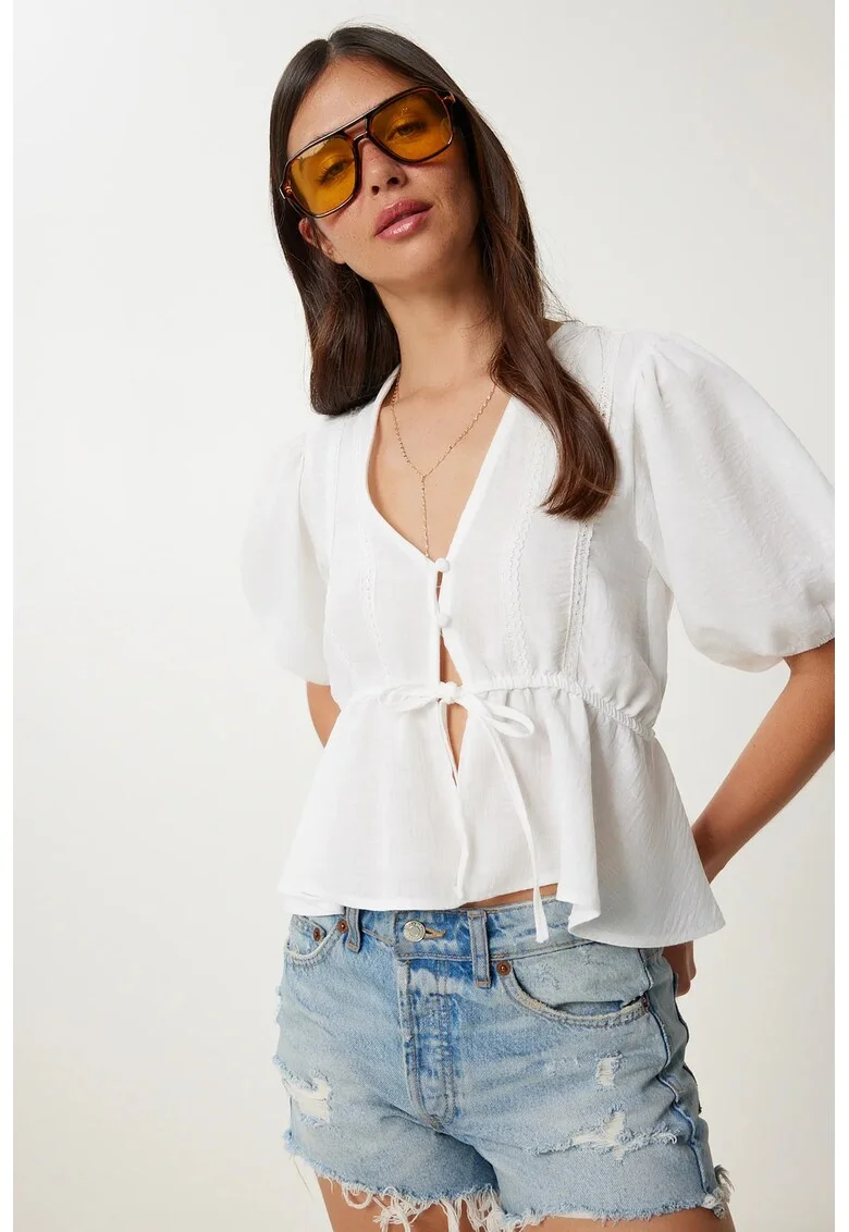 Bluza dama, Happiness Istanbul, decolteu in V, maneca scurta, dantela, Ivory Natural, poliester