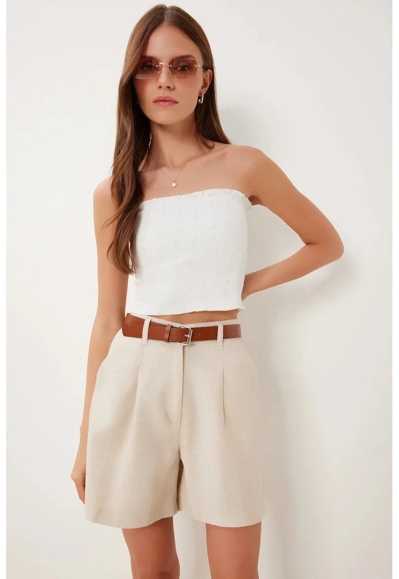 Pantaloni scurti, Happiness Istanbul, talie inalta, cu curea, bej natural, bumbac