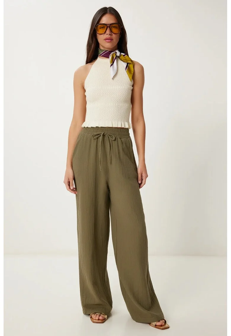 Pantaloni dama, Happiness Istanbul, talie cu snur, picior larg, verde, bumbac