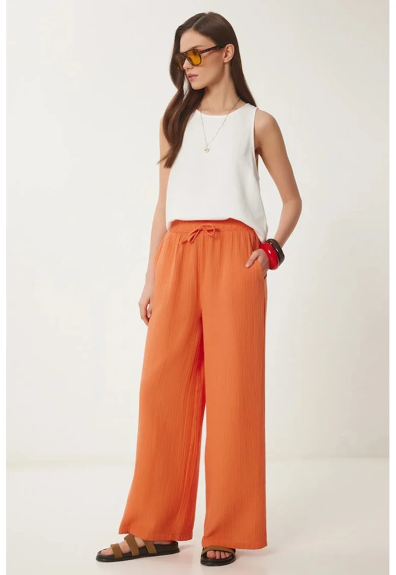 Pantaloni dama, Happiness Istanbul, picior larg, portocaliu, 100% bumbac