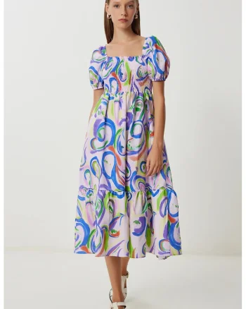 Rochie Midi, Happiness Istanbul, A-line, imprimeu abstract, mov, poliester-bumbac