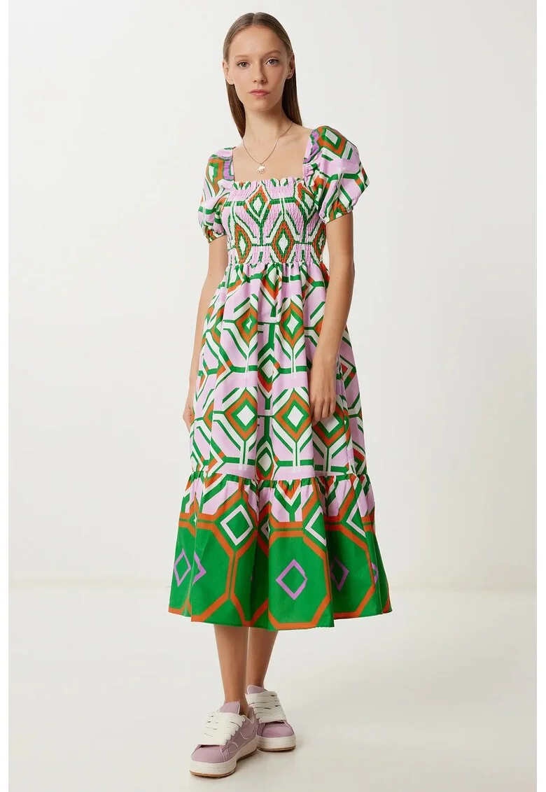 Rochie Midi Happiness Istanbul cu Imprimeu Batik, Detalii cu Volane, Verde, Poliester-Bumbac,