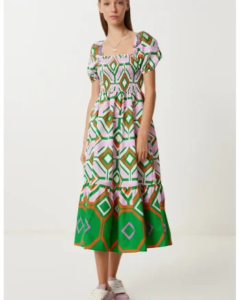 Rochie Midi Happiness Istanbul cu Imprimeu Batik, Detalii cu Volane, Verde, Poliester-Bumbac,