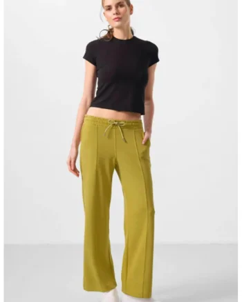 Pantaloni  talie cu snur, verde, viscoza/poliester/elastan