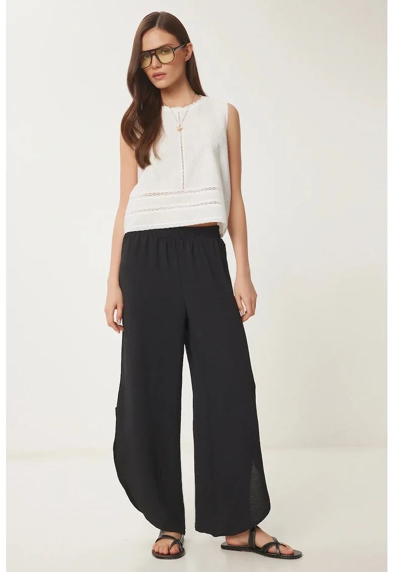Pantaloni dama, Happiness Istanbul, picior larg, elastic, negru, poliester