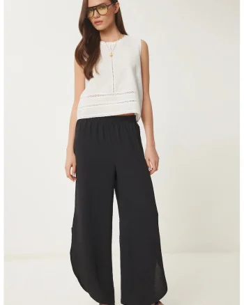 Pantaloni dama, Happiness Istanbul, picior larg, elastic, negru, poliester