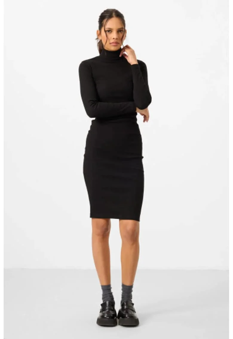Rochie Midi,  guler inalt, maneca lunga, negru, bumbac-elastan