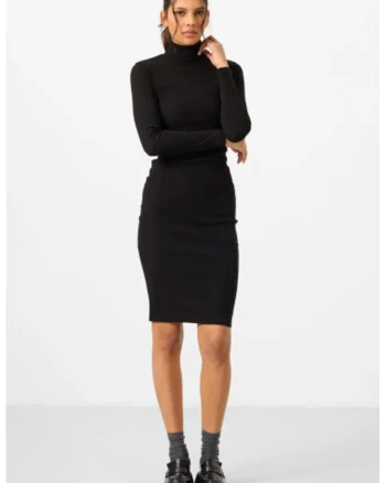 Rochie Midi,  guler inalt, maneca lunga, negru, bumbac-elastan