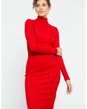 Rochie Midi  rosie, cu guler inalt, din bumbac si elastan, pentru femei