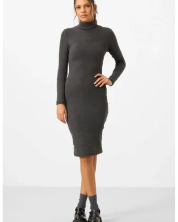 Rochie Midi  Gri, cu guler inalt, maneci lungi, bumbac/elastan