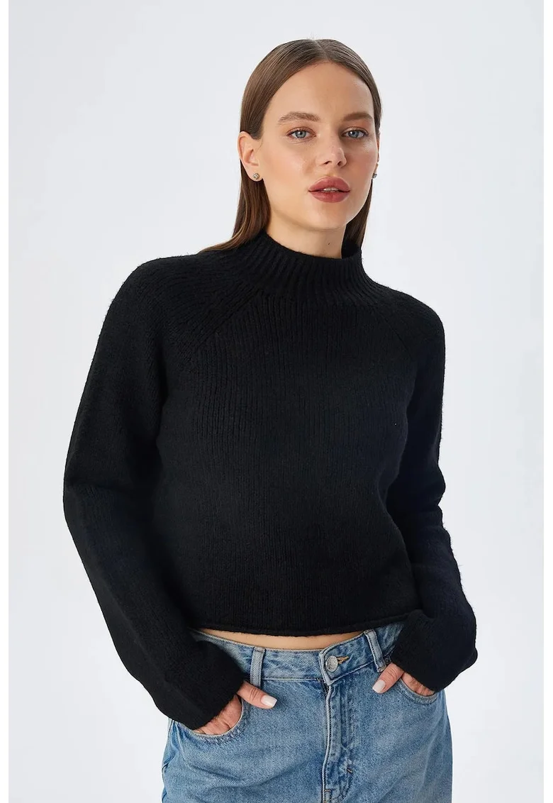 Pulover dama,  pulover tricotat scurt, negru, lejer, acrilic-poliester,
