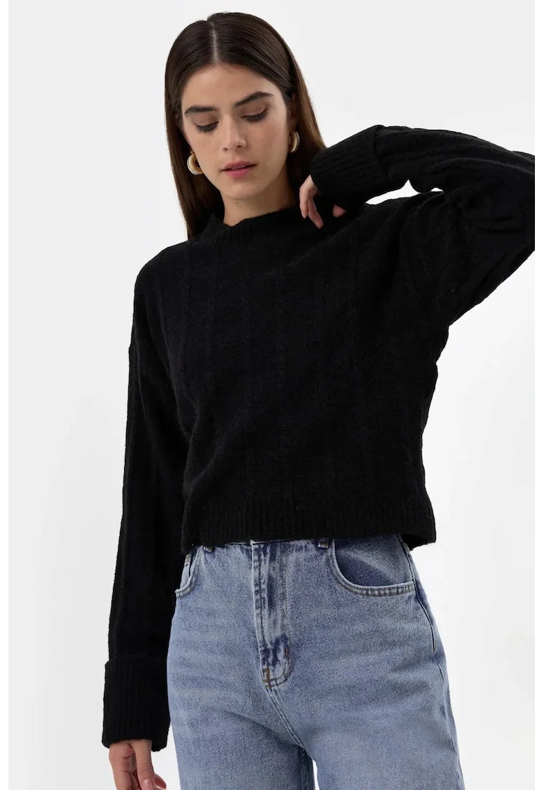 Pulover dama,  pulover cu guler rotund, croiala lejera, negru,
