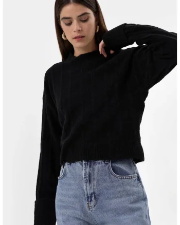 Pulover dama,  pulover cu guler rotund, croiala lejera, negru,