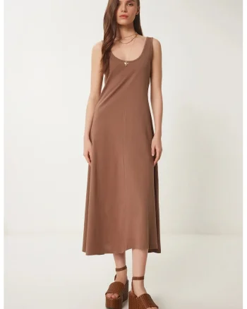 Rochie Midi, Happiness Istanbul, Casual, 100% bumbac, Maro Mocha