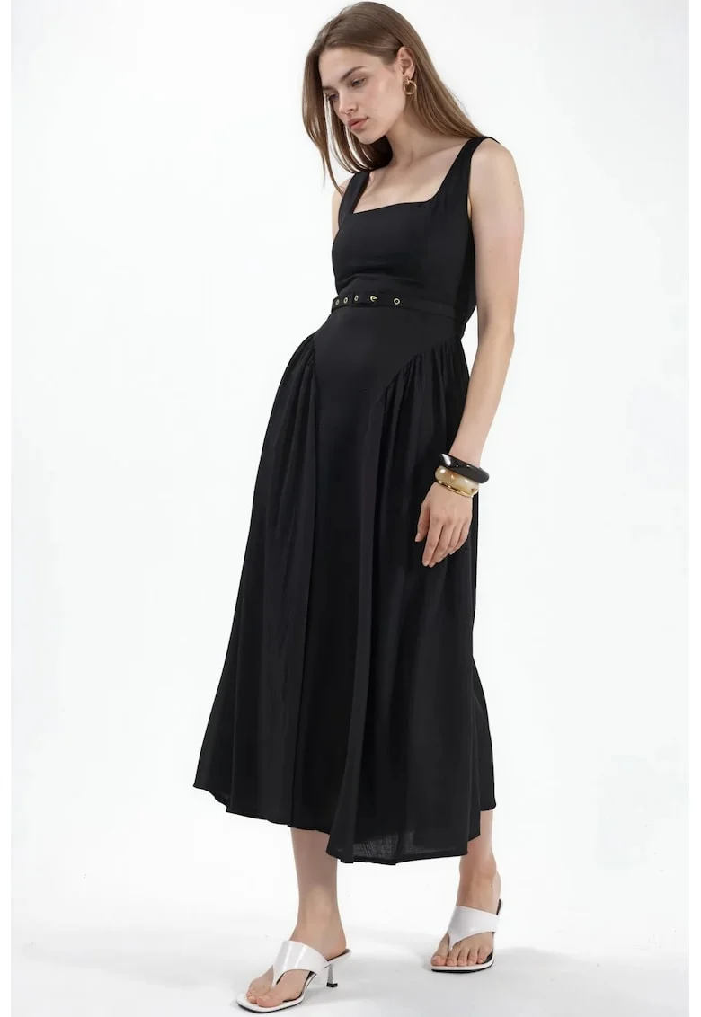 Rochie Midi  Neagra, Poliester, Fara Maneci, Decolteu Patrat