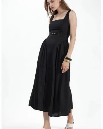 Rochie Midi  Neagra, Poliester, Fara Maneci, Decolteu Patrat