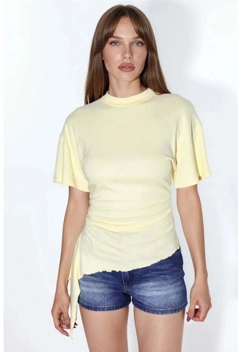 Bluza dama  supradimensionata, galben lamaie, casual, drapaj, 48% modal, 47% bumbac, 5% elastan