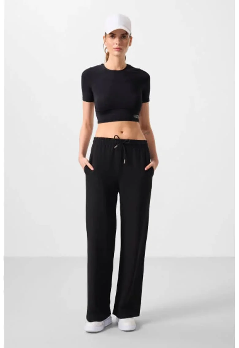 Pantaloni dama,  talie medie, negru, bumbac