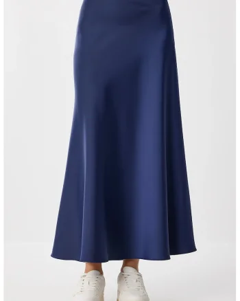 Fusta maxi, Happiness Istanbul, satin, talie inalta, bleumarin, elegant