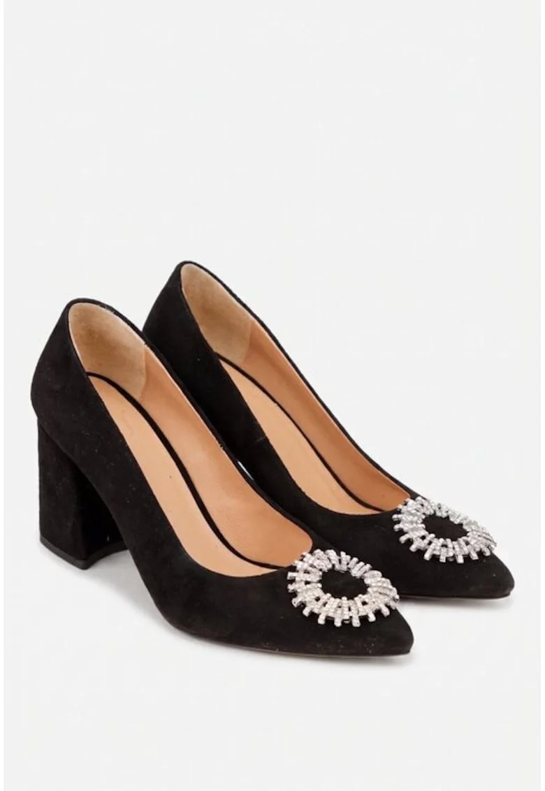 Pantofi dama NUR negri din piele intoarsa cu ornament