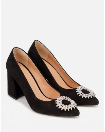 Pantofi dama NUR negri din piele intoarsa cu ornament