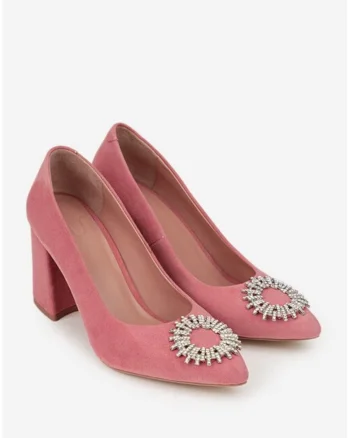 Pantofi dama NUR roz pudra din piele intoarsa cu ornament