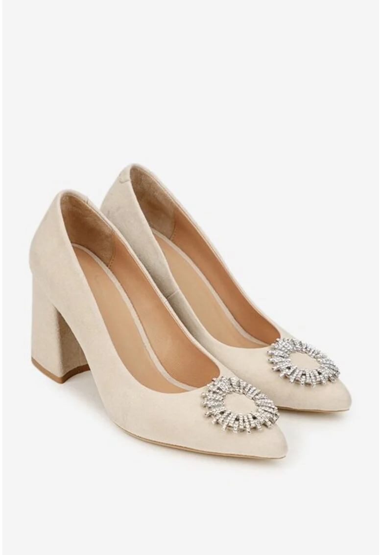 Pantofi dama NUR bej din piele intoarsa cu ornament