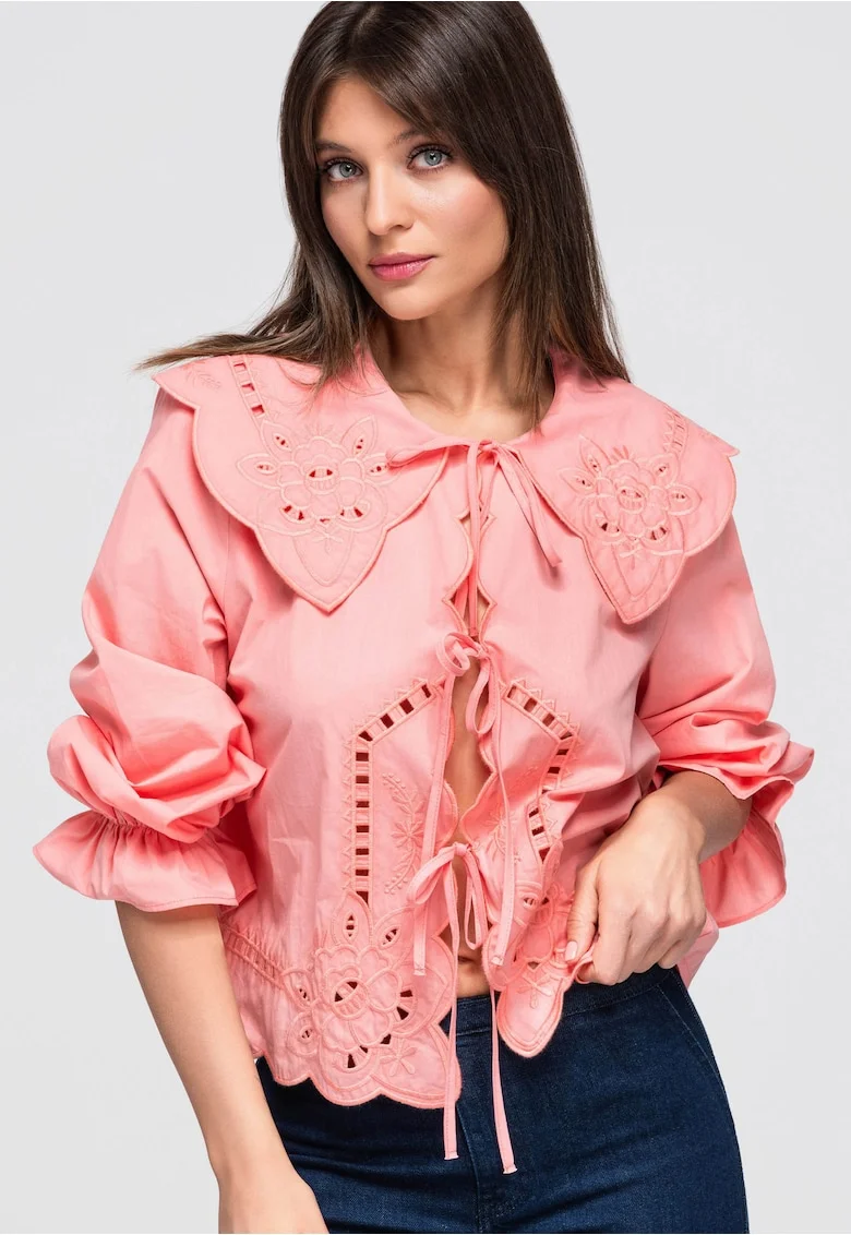 Camasa dama cu guler mare, dungi, maneci lungi, 100% bumbac, Coral, ONESIZE