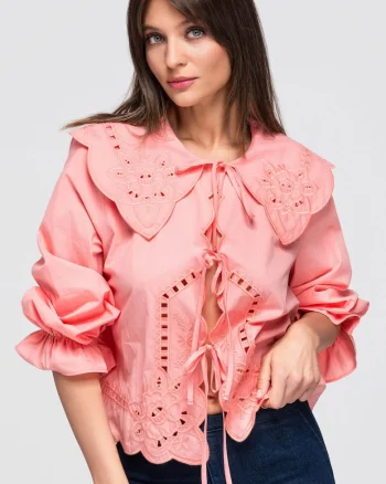 Camasa dama cu guler mare, dungi, maneci lungi, 100% bumbac, Coral, ONESIZE