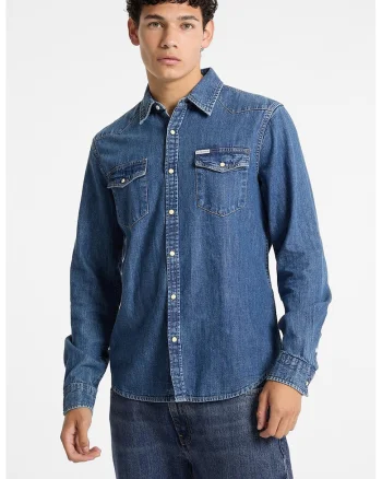 Camasa slim-fit din denim cu capsa, Albastru melange