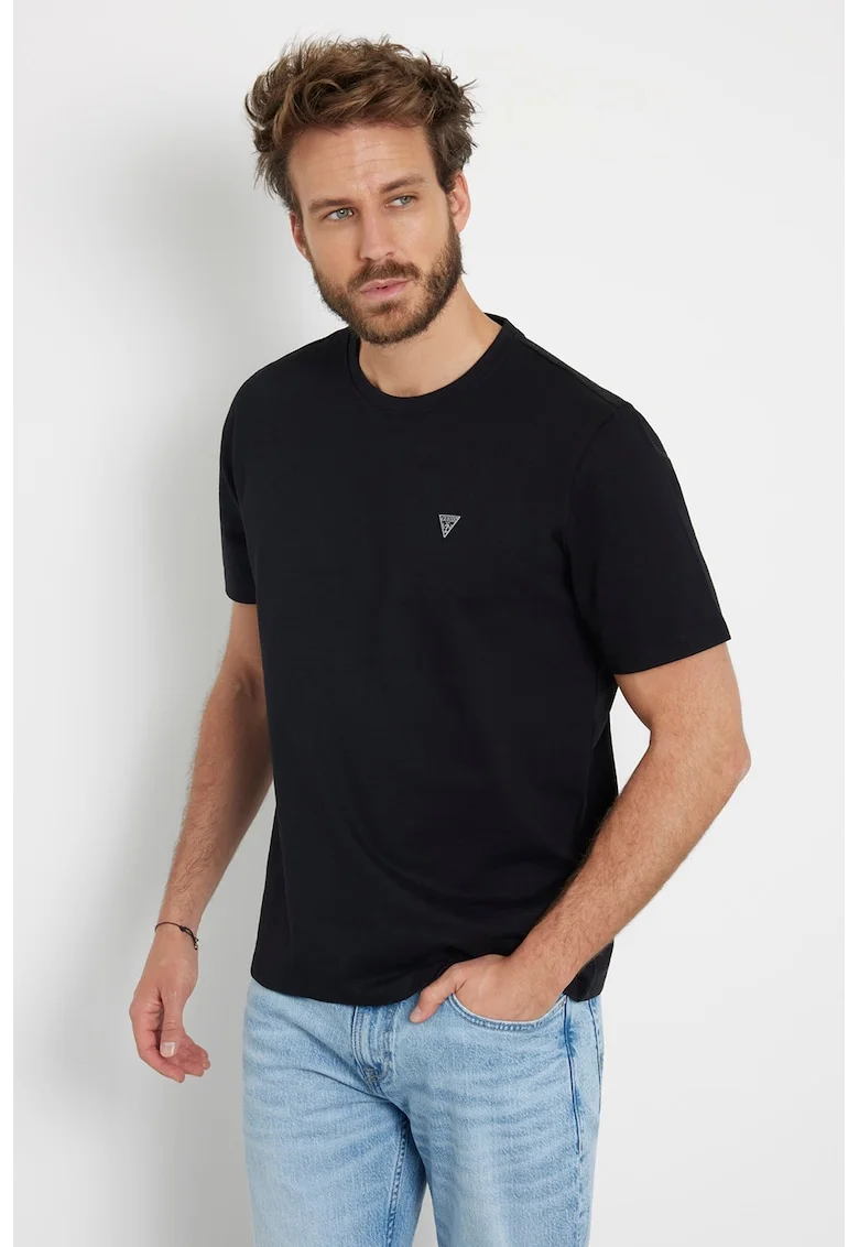 Tricou de bumbac cu decolteu la baza gatului, Negru