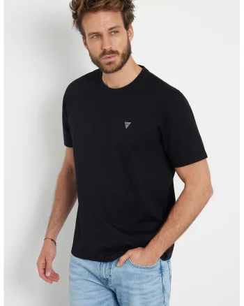 Tricou de bumbac cu decolteu la baza gatului, Negru
