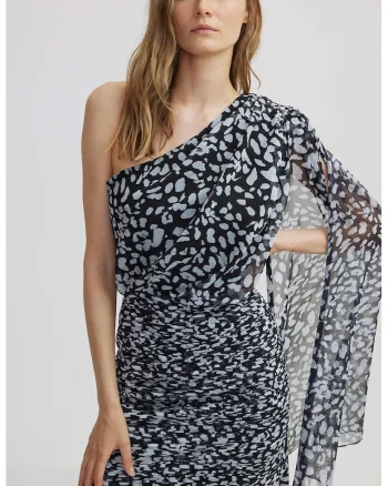 Rochie scurta cu decolteu pe un umar, Negru/Albastru glaciar